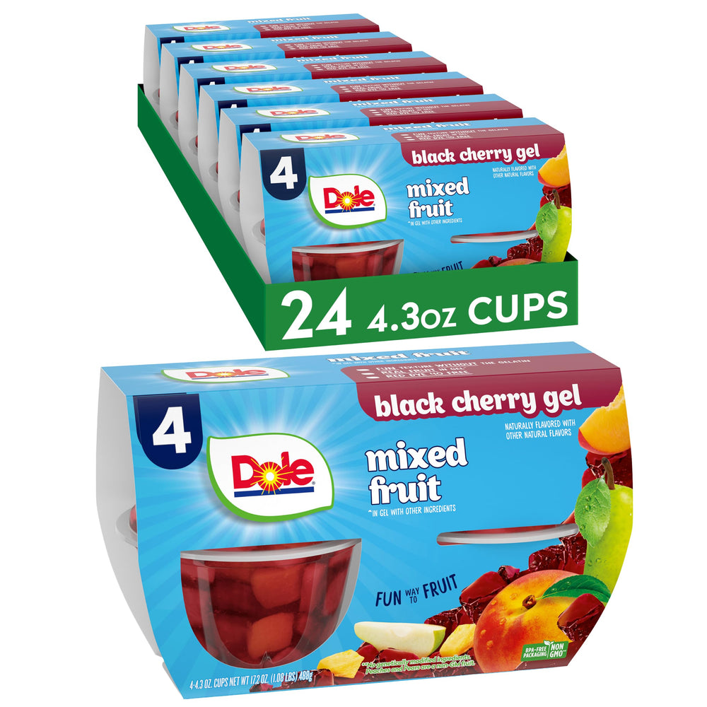 Dole front packaging of 24 mixed fruit black cherry gel cups showing bulk convenience