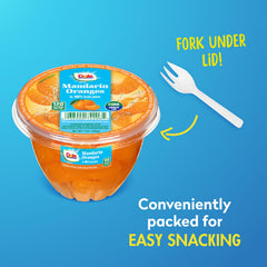 Dole open cup top view revealing mandarin pieces in 100% juice for ready snacking