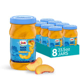 Dole front jar of sliced peaches showing label and resealable lid for pantry convenience