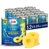 Dole front packaging of Tropical Gold pineapple slices showing brand and natural juice benefit
