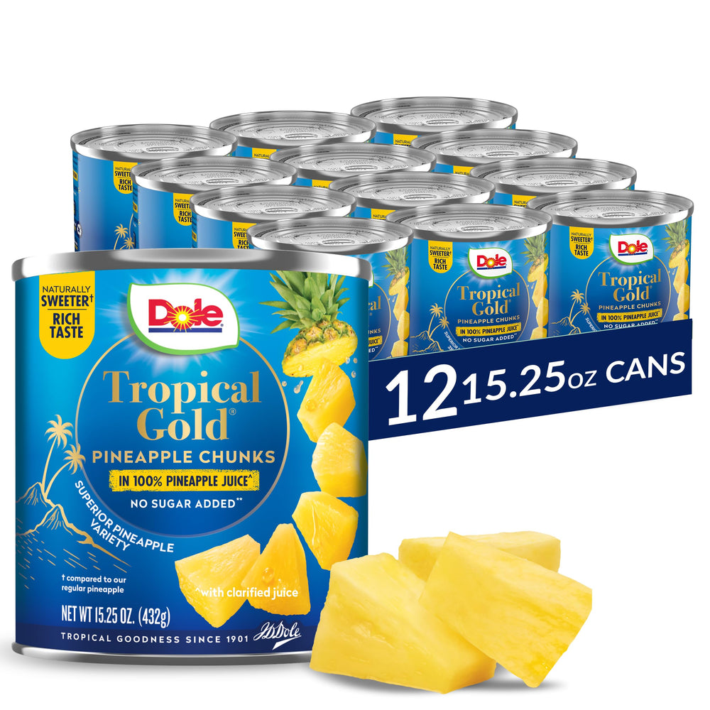 Dole front packaging shows label and bright pineapple chunks for clear product ID and appeal
