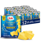 Dole front packaging shows label and bright pineapple chunks for clear product ID and appeal