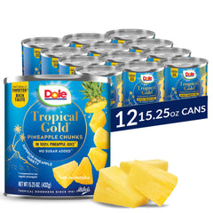 Dole front packaging shows label and bright pineapple chunks for clear product ID and appeal