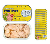 DOMA tin front view showing branding and premium seafood packaging benefit clarity