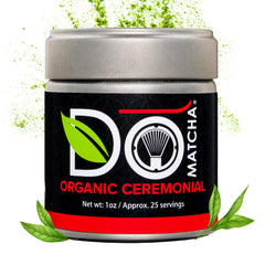 DoMatcha front tin packaging showing brand and ceremonial matcha benefits