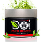 DoMatcha tin front view showing organic ceremonial matcha for fresh servings