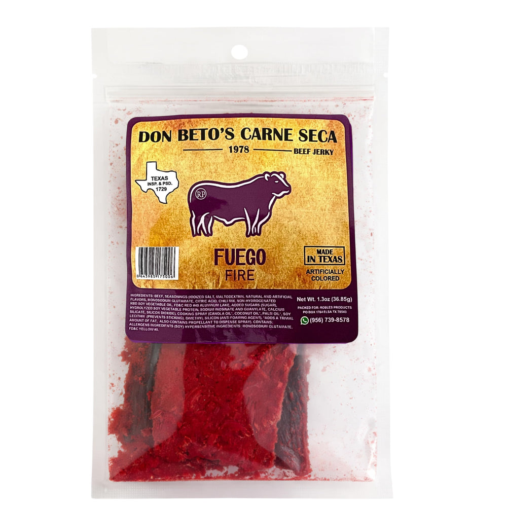 Don Beto's front packaging showing resealable pouch and fiery branding for portability