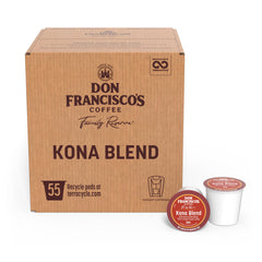 Don Francisco's front packaging showing 55-count pods and medium roast benefit