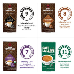 Assorted Don Francisco's capsules arranged to show four flavors and choices