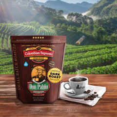 Don Pablo whole beans close-up highlighting roasted texture and oil for rich flavor