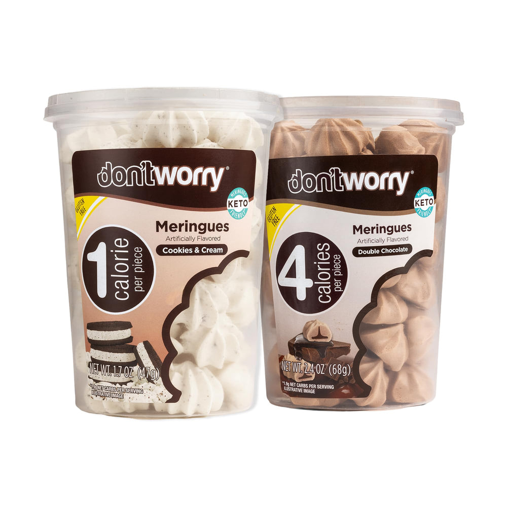 Don't Worry front packaging showing flavor labels and low-calorie benefit
