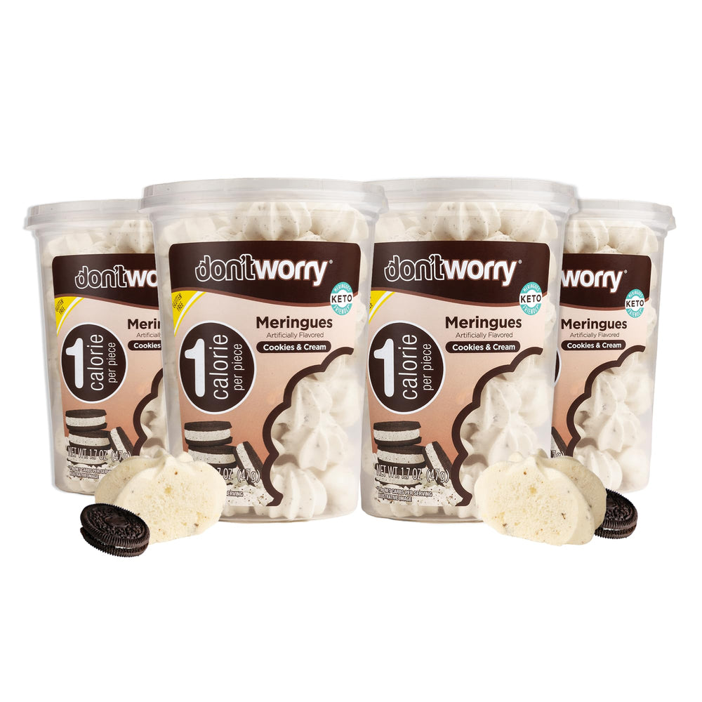 Don't Worry front pack showing cookies and cream flavor and easy portioning