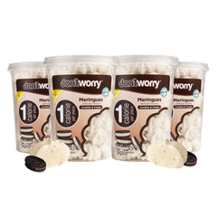 Don't Worry front pack showing cookies and cream flavor and easy portioning