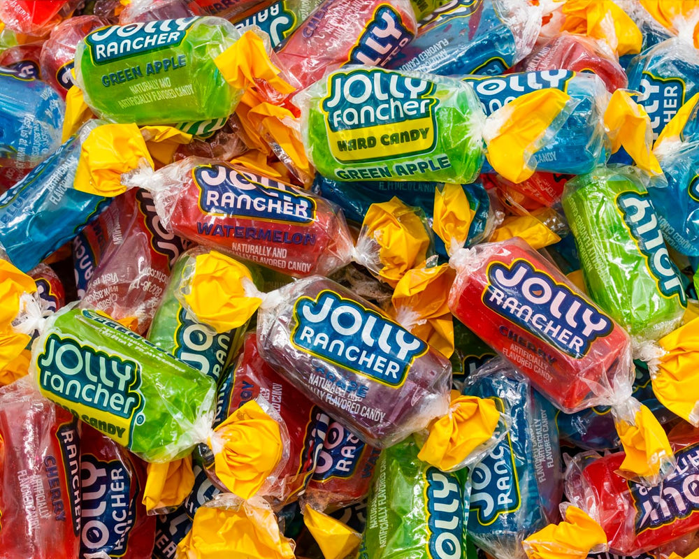 Donty-Tonty front bag showing 2 lb Jolly Ranchers and clear resealable packaging benefits