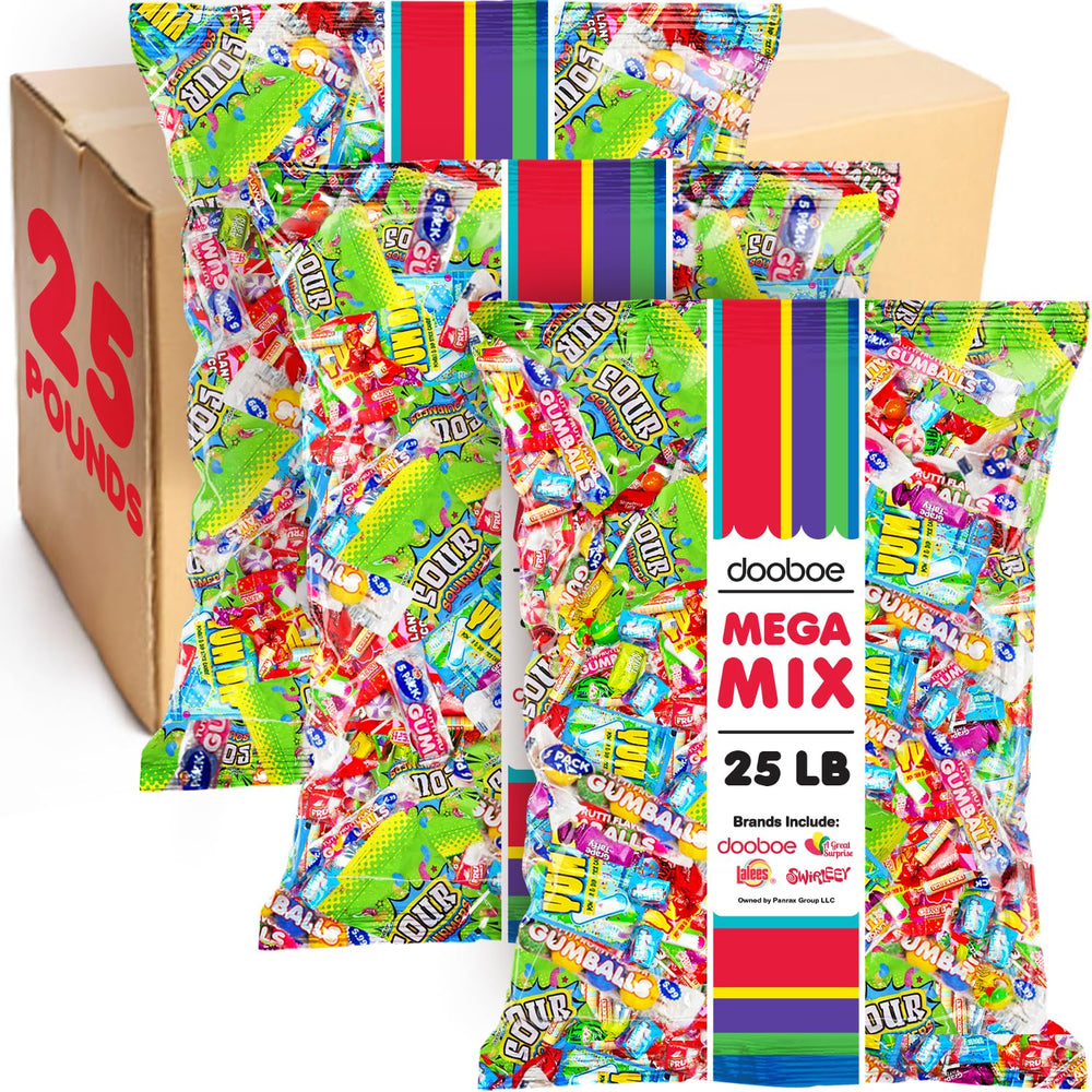 Dooboe front packaging showing 25-pound wholesale Halloween candy assortment, convenient supply