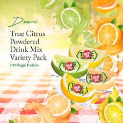 Doomi Truae single-serve packets spread out to show four citrus flavors and portability