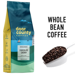 Door County Coffee bean close-up highlighting glossy beans and flavor clarity