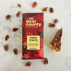 Door County Coffee label detail showing flavor notes and small-batch artisan roasting