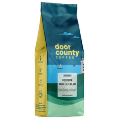Door County Coffee front packaging showing bourbon vanilla cream and benefits