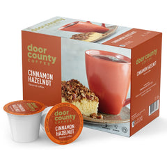 Door County Coffee front packaging showing cinnamon hazelnut pods for easy brewing