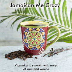 Brewed cup of Jamaican Me Crazy coffee with vanilla notes and smooth body