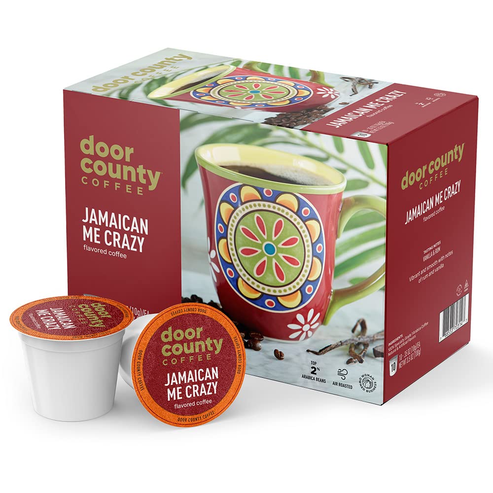 Door County Coffee front packaging showing Jamaican Me Crazy flavor and benefits