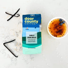 Door County Coffee label detail on bag emphasizing small-batch roasting