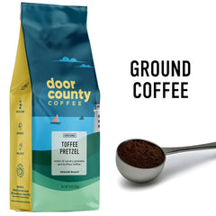 Door County Coffee beans and grounds close-up highlighting even air roast