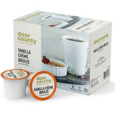 Door County Coffee front packaging showing Vanilla Crème Brûlée pods and branding benefit convenience