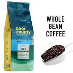 Door County Coffee frosted cinnamon buns whole-bean close-up showing bean texture and aroma