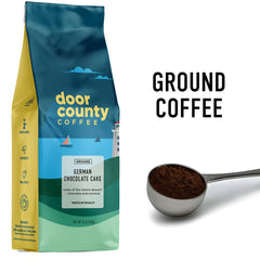 Close up of Door County Coffee label displaying roast and Arabica quality for consistent flavor