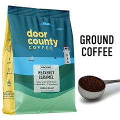 Door County Coffee ground close-up highlighting texture and rich caramel notes