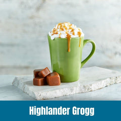 Opened 10oz bag of Door County Highlander Grogg revealing whole-bean coffee ready to grind