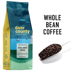 Close-up of whole beans for Highlander Grogg by Door County Coffee showing quality and freshness
