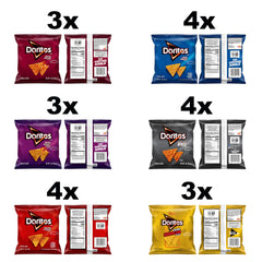 Doritos closeup of single-serve bag labels highlighting brand and easy selection