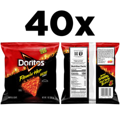 Doritos Flamin' Hot Nacho chip close-up showing seasoning texture and crunch, highlights spicy taste