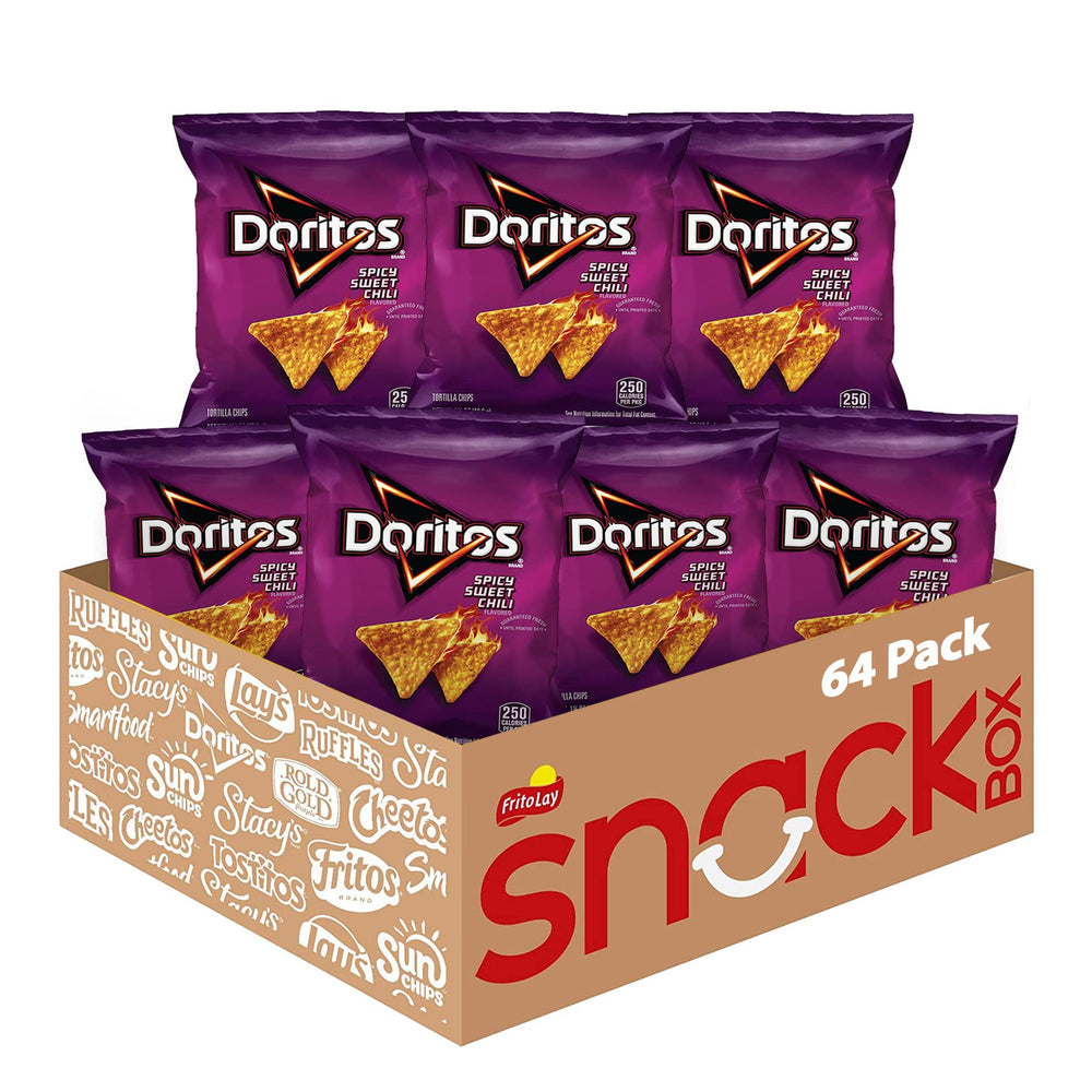 Doritos front packaging showing brand and portioned bags for convenience