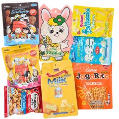 Dotori Snack Box front packaging open showing assorted Japanese treats and joyful sharing