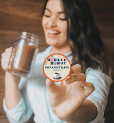 Double Donut brewed cup of light roast with steam for gentle flavor