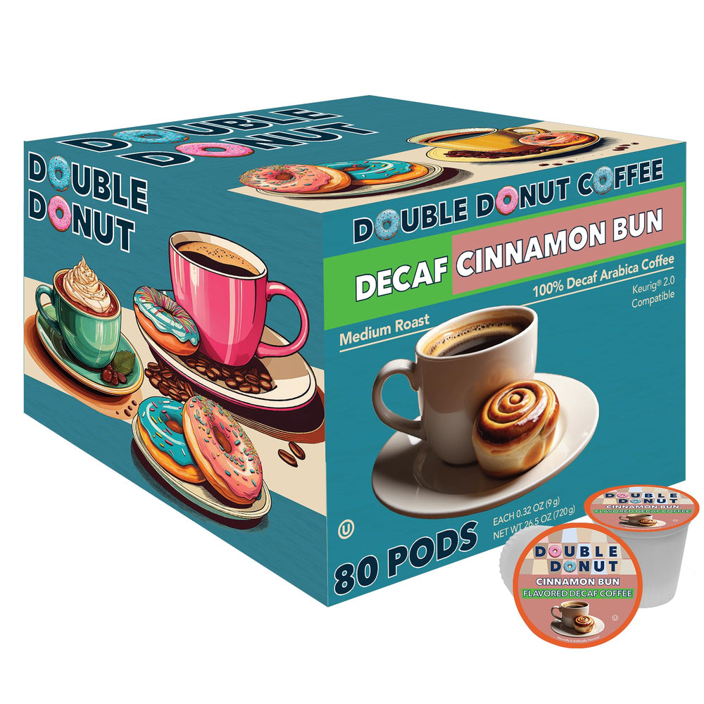 Double Donut front packaging showing 80-count decaf cinnamon bun pods and value benefit
