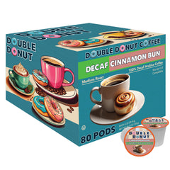 Double Donut front packaging showing 80-count decaf cinnamon bun pods and value benefit