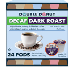 Double Donut front packaging showing bold decaf roast and recyclable pod benefit