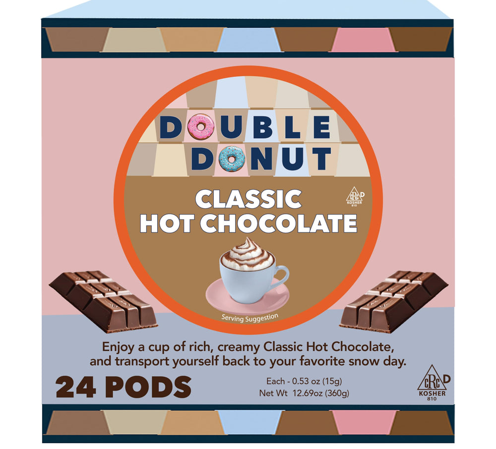 Double Donut Coffee front packaging showing 24 hot chocolate pods and product name, quick convenience