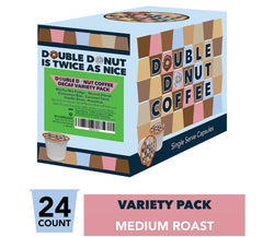 Double Donut pod close-up revealing medium roast grounds and flavor label benefit