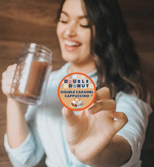 Double Donut pod inserted in a single-serve brewer for fast caramel cappuccino