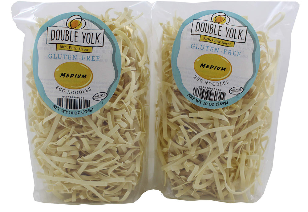 Double Yolk front packaging showing two 10 ounce gluten free noodle bags and benefits