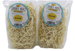 Double Yolk front packaging showing two 10 ounce gluten free noodle bags and benefits