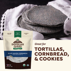 Doudlah Farms bag with label close-up and scale showing tested clean certification benefit
