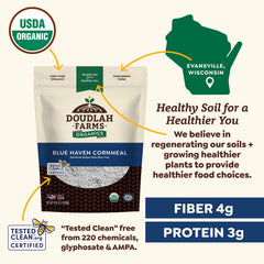 Doudlah Farms cornmeal used to make blue corn tortillas in kitchen showing recipe versatility