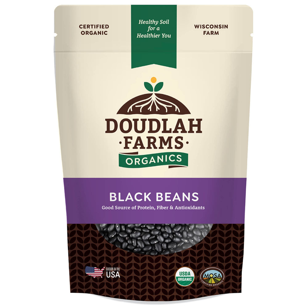 Doudlah Farms front packaging showing organic 1 lb bag and tested clean benefit